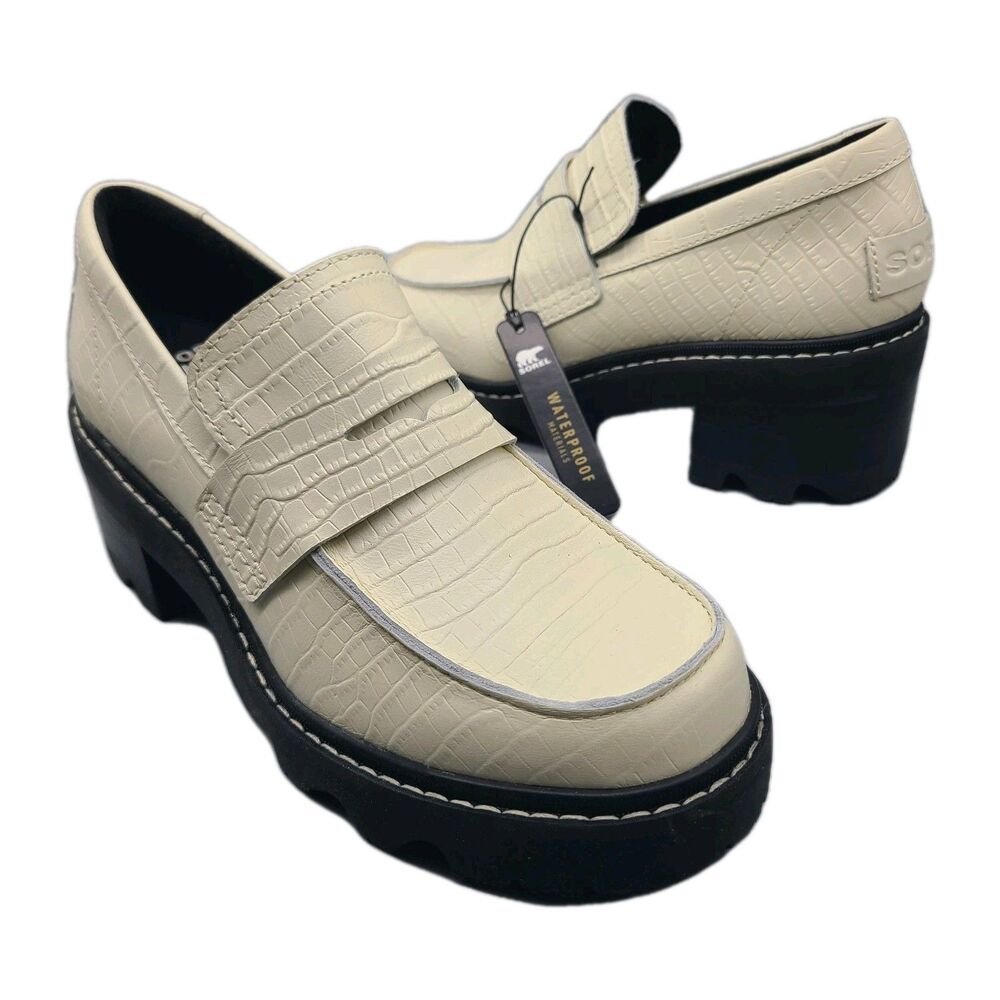 Sorel Joan Now City Women's Loafer Chalk Croc Leather Heel Platform Sz 8 NEW
